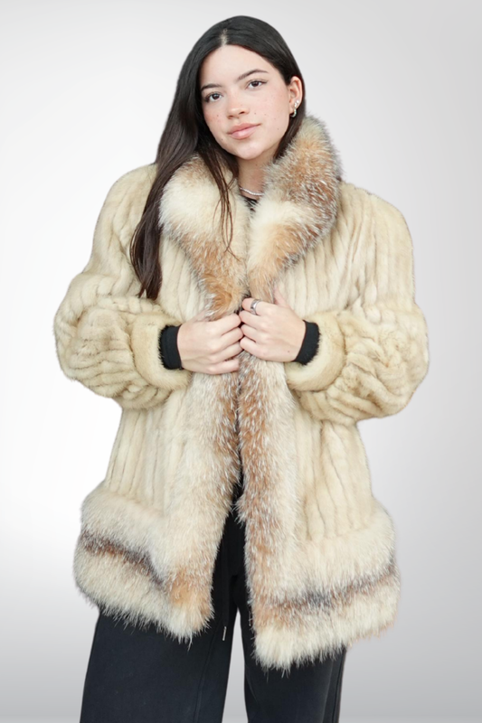 Abrigo de Mink Natural con Cuello de Zorro